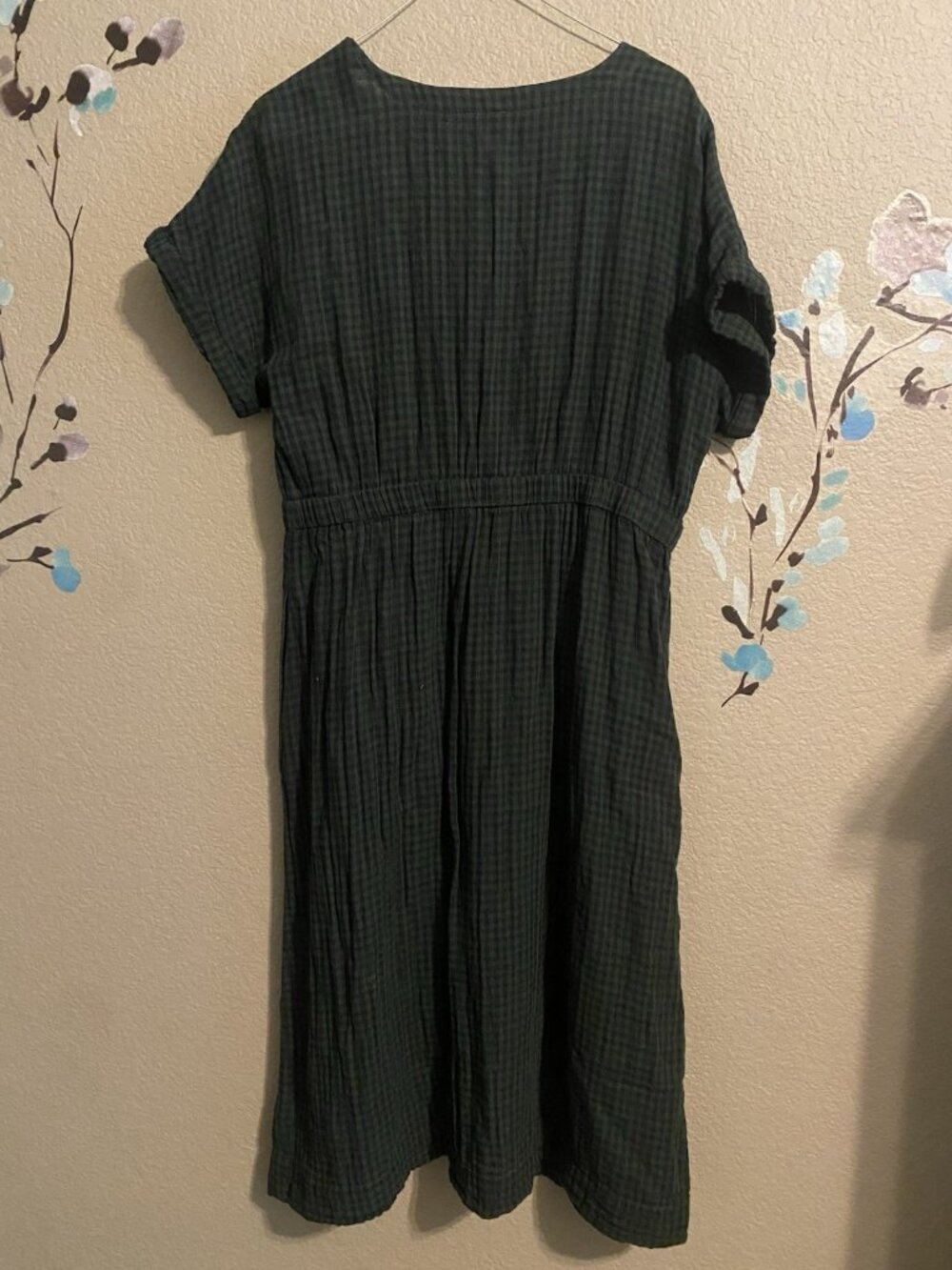 Women's Coastal Double Gauze Short Sleeve Dress In Green Gingham Check L Organic - Picture 2 of 8